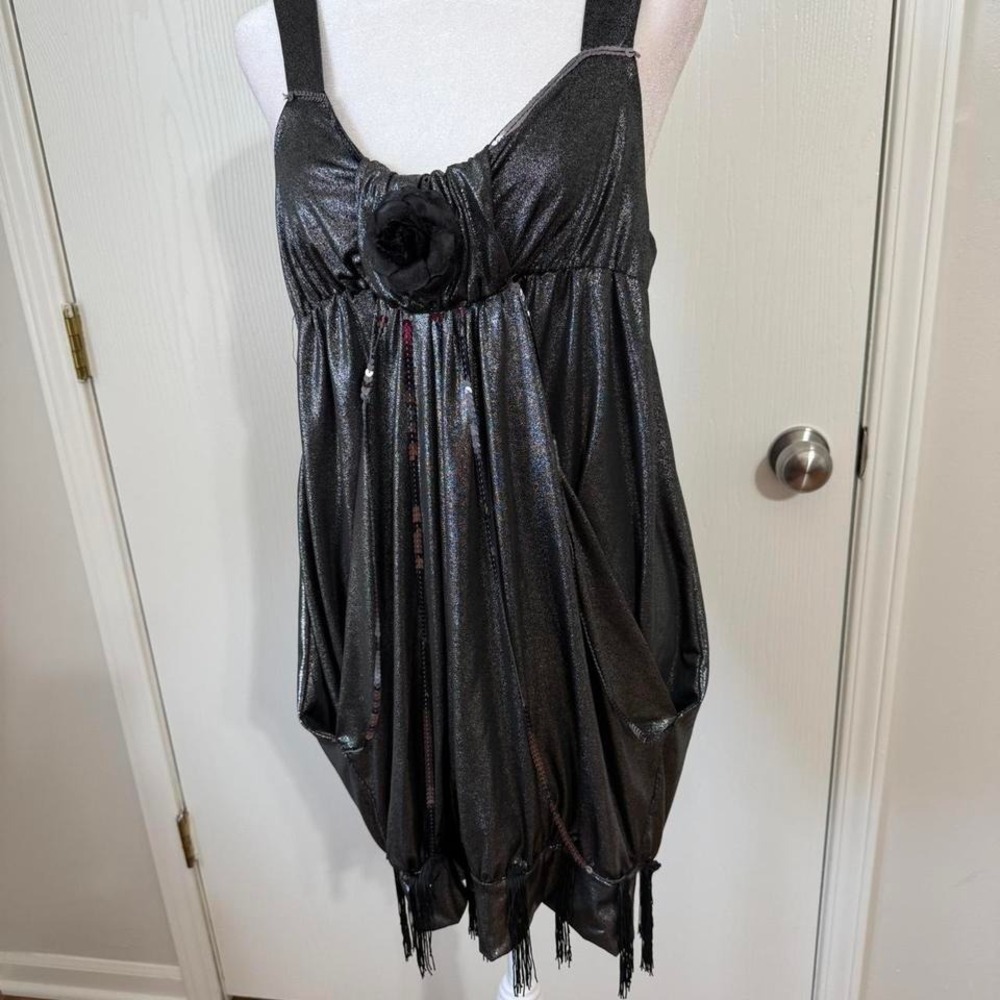 Y2K Metallic Silver Fringe Black Mini Dress Goth Grunge Size Small Festival Rave